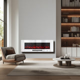 FL-WH 50 Inch Wall Mouted Electric Fireplace with White Front Glass and DIY Log Bed