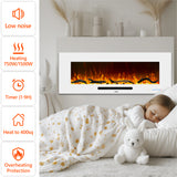 FL-WH 50 Inch Wall Mouted Electric Fireplace with White Front Glass and DIY Log Bed