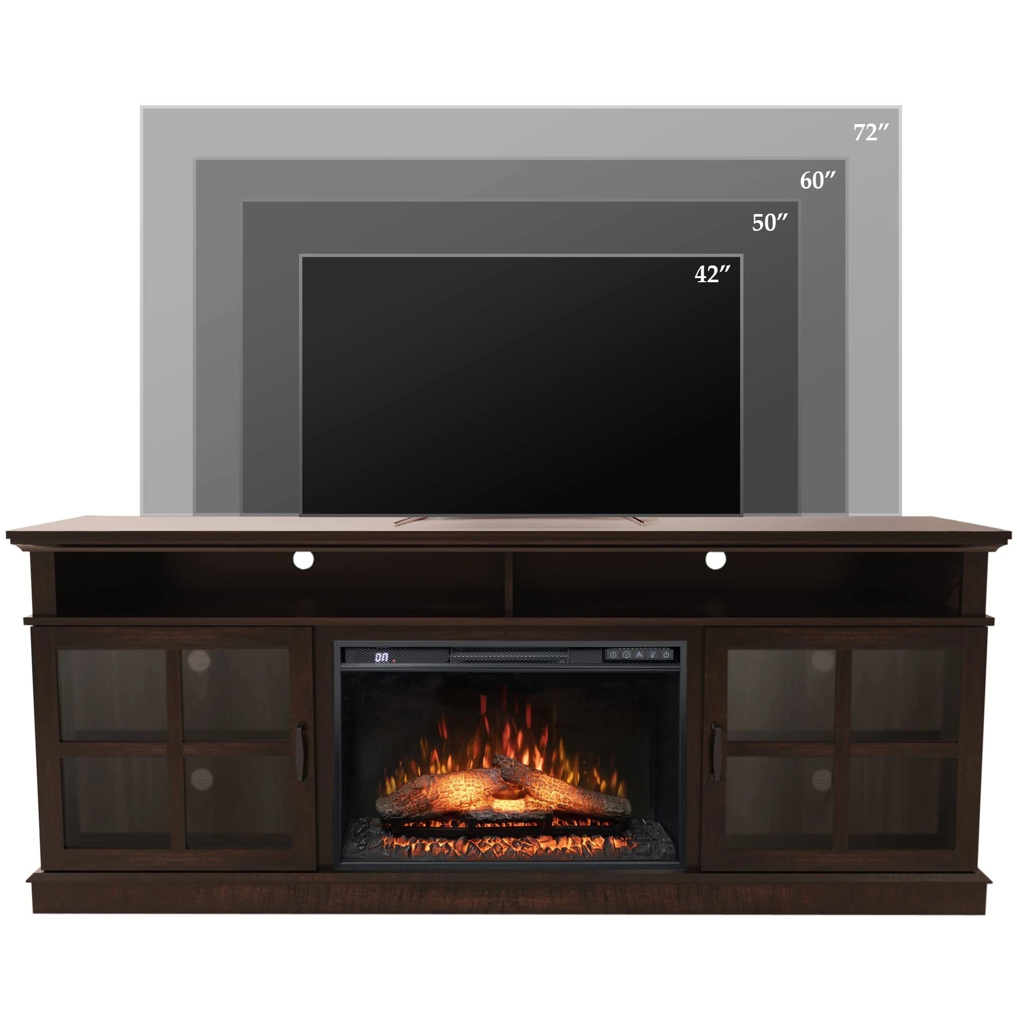 FLTV-G TV Stand with 26 inch Electric Fireplace Glass Door(Logs) Brown