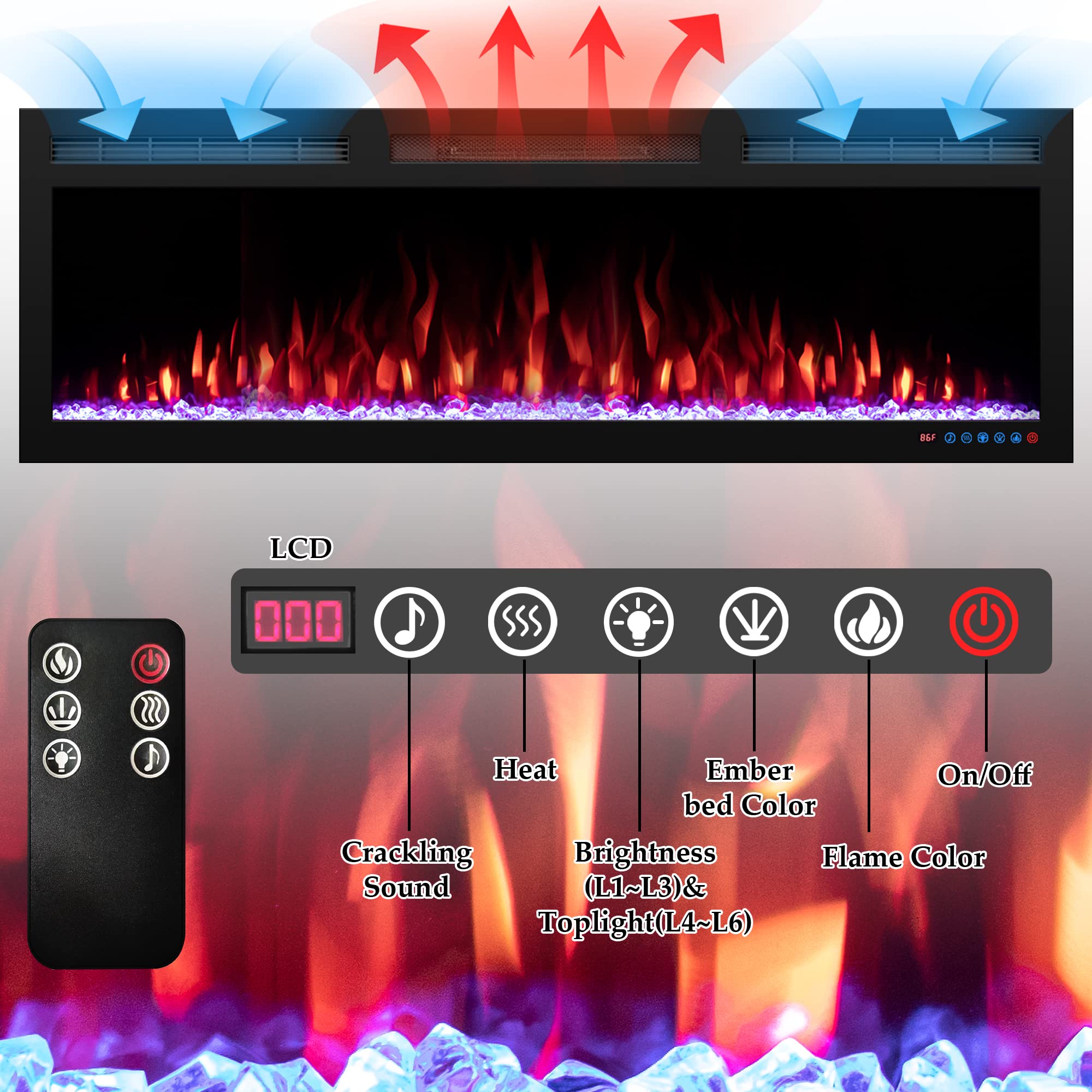FL-GPRO WiFi-Enabled Recessed & WallMounted Electric Fireplace Smart Control via Alexa or App