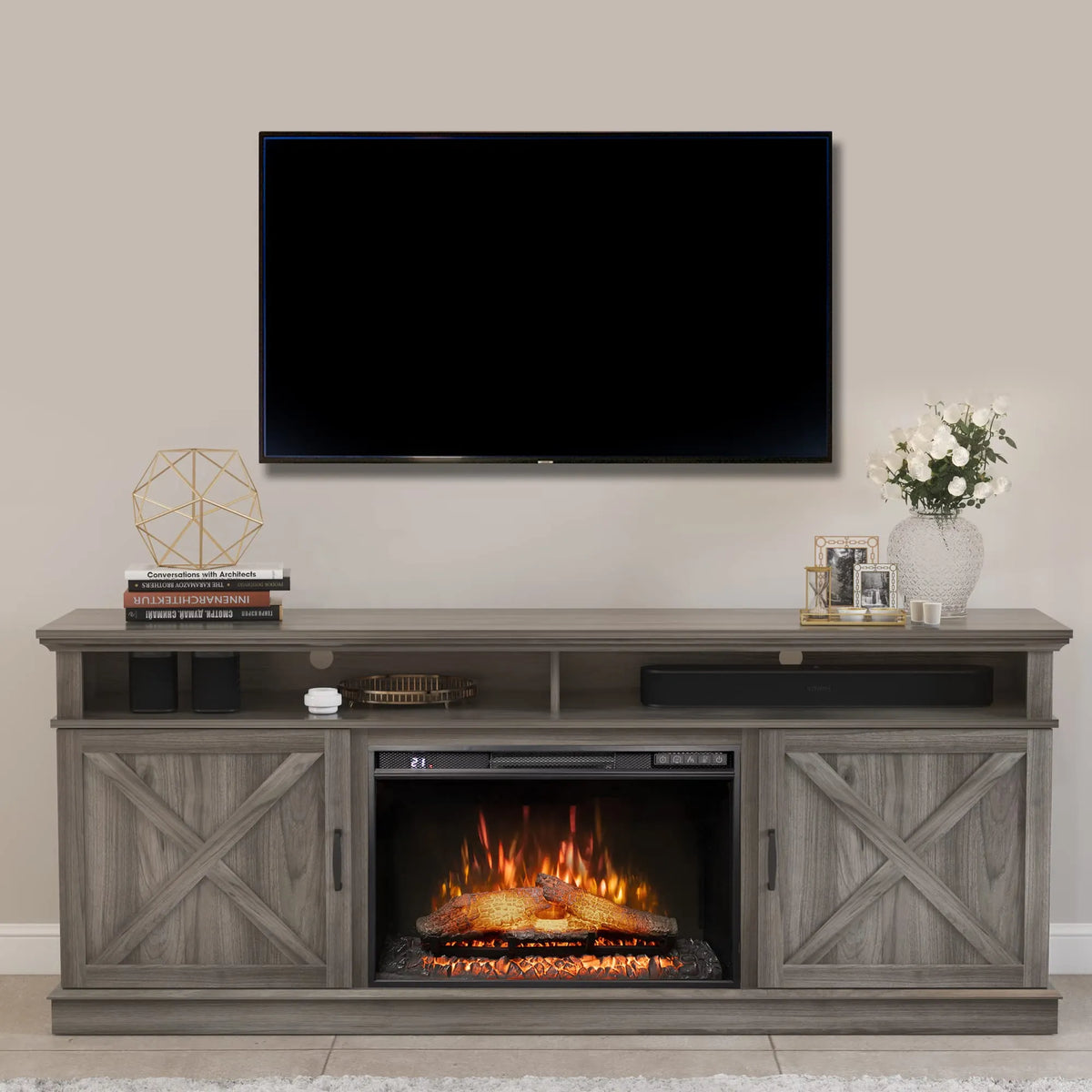 FLTV TV Stand with 26 inch Electric Fireplace (Logs) Gray