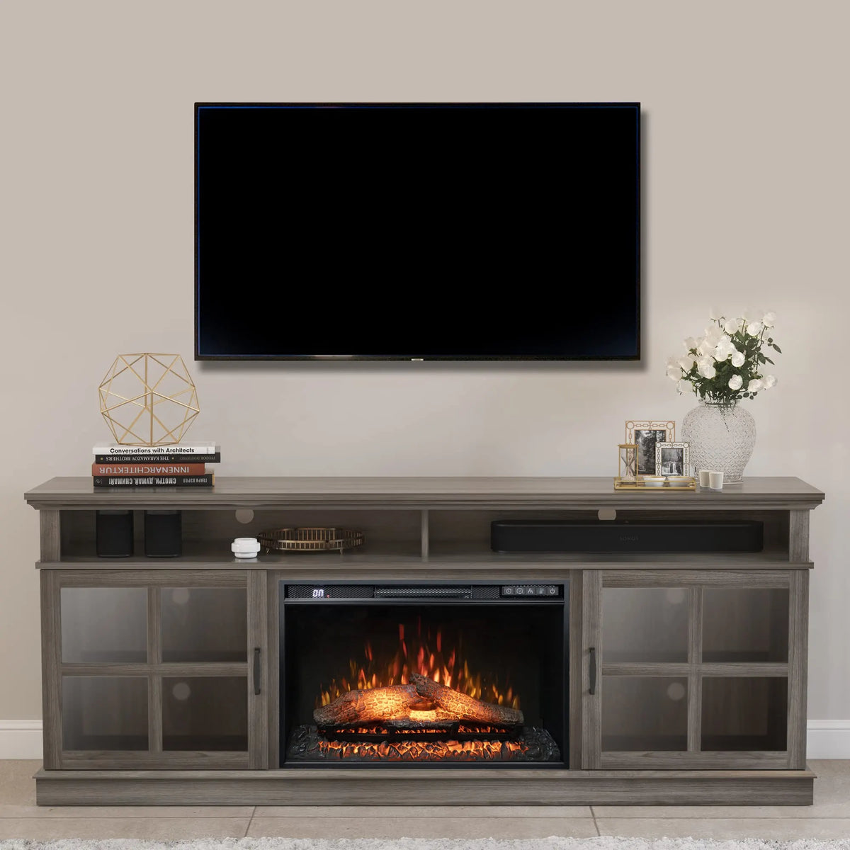 FLTV-G TV Stand with 26 inch Electric Fireplace Glass Door(Logs) Gray