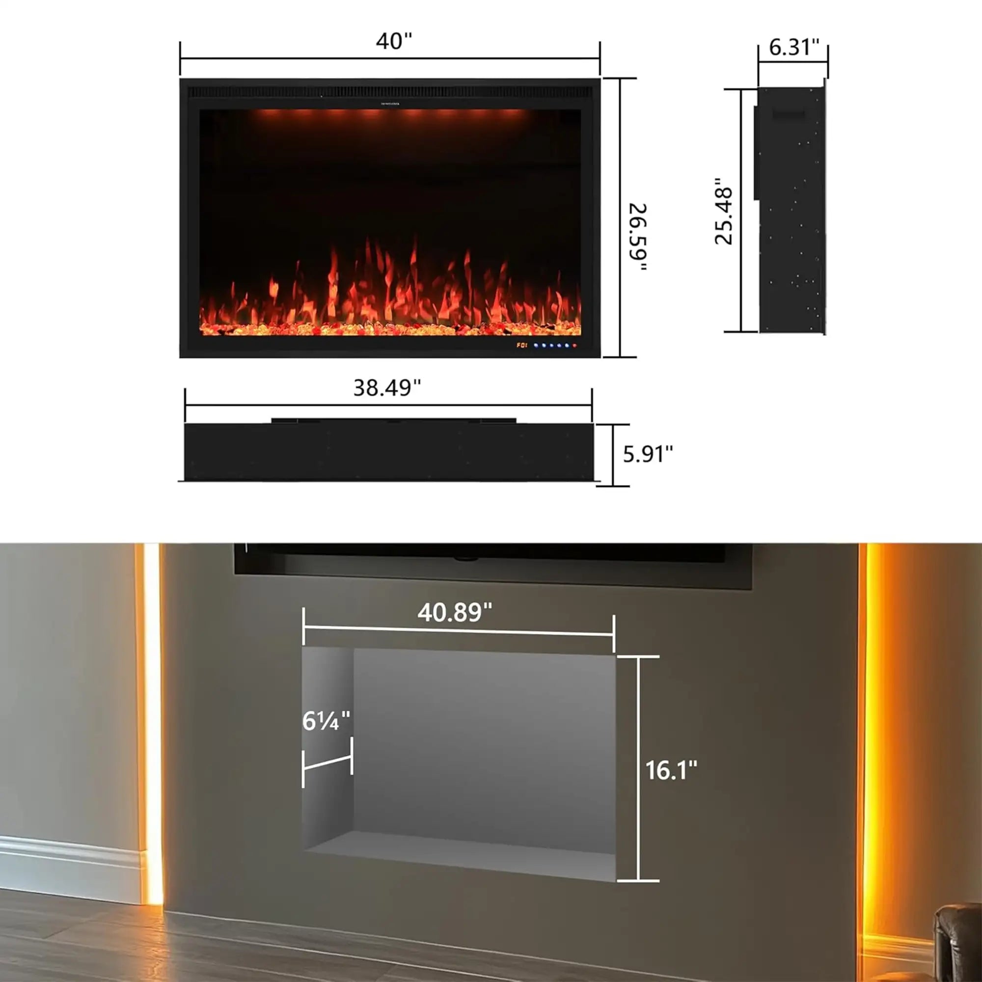 FLZ 40 Inch Recessed/Wall Mounted Smart Electric Fireplace