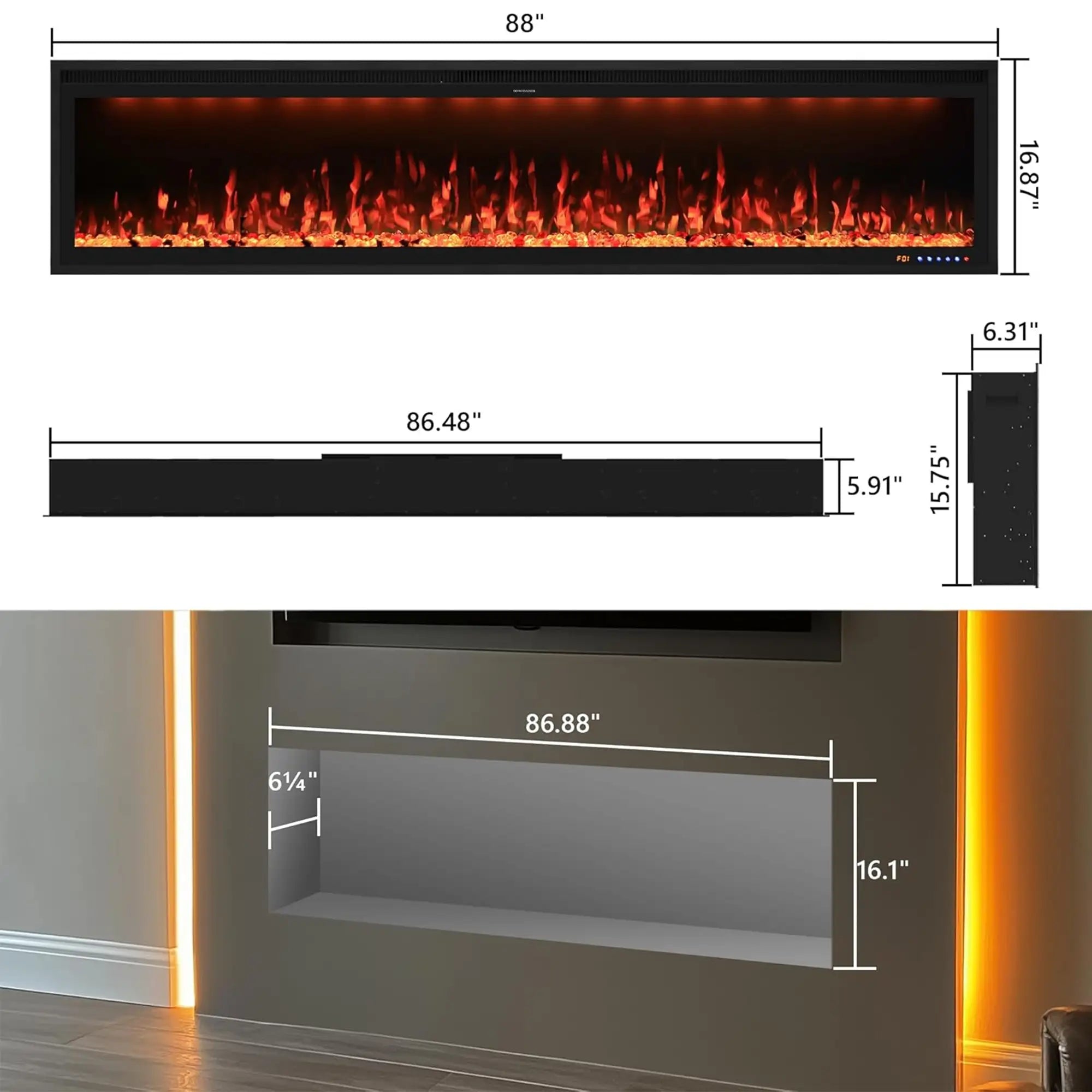 FLZ 88 Inch Recessed/Wall Mounted Smart Electric Fireplace