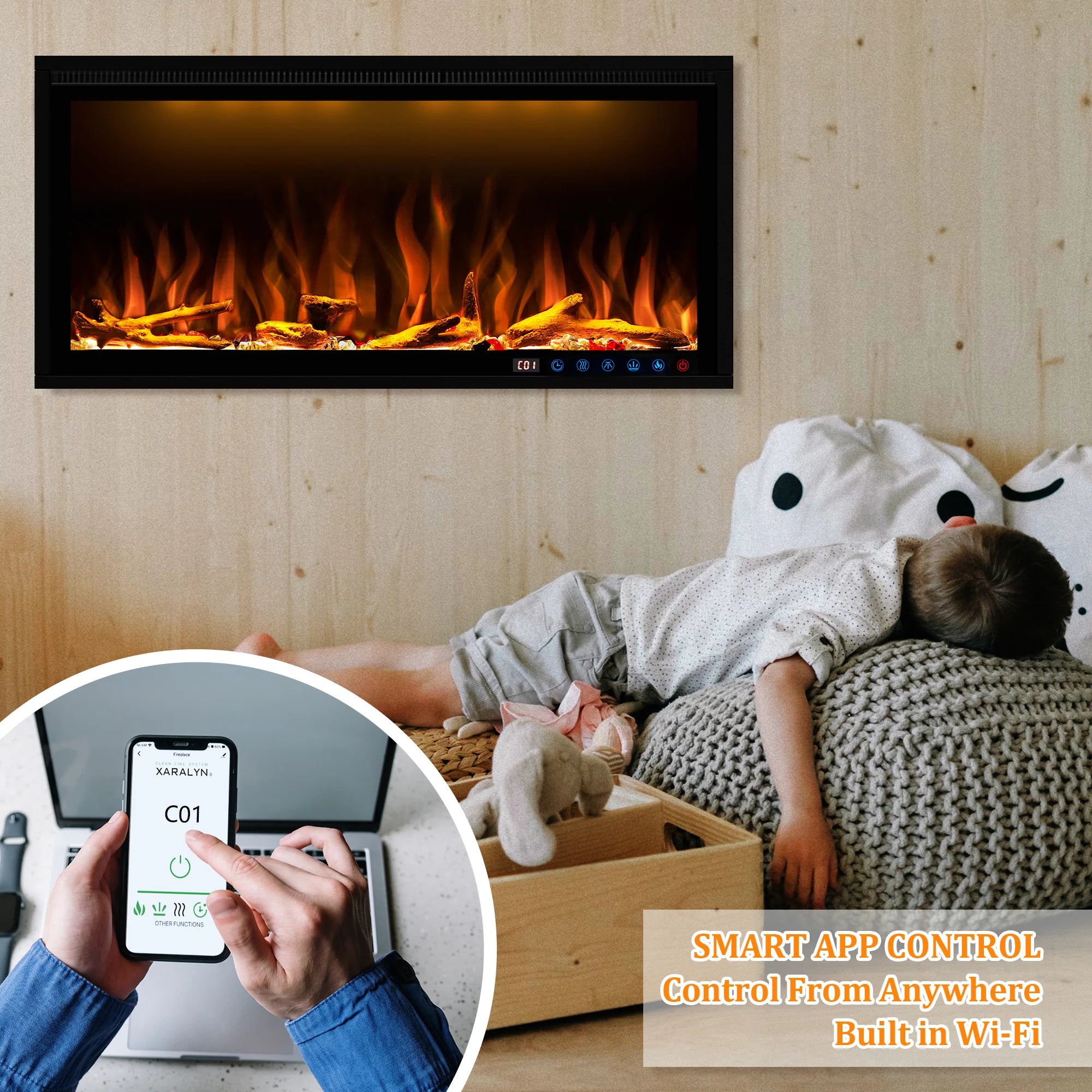 FLZ Smart Electric Fireplace with Adjustable Flame Colors, Recessed&Wall-Mounted