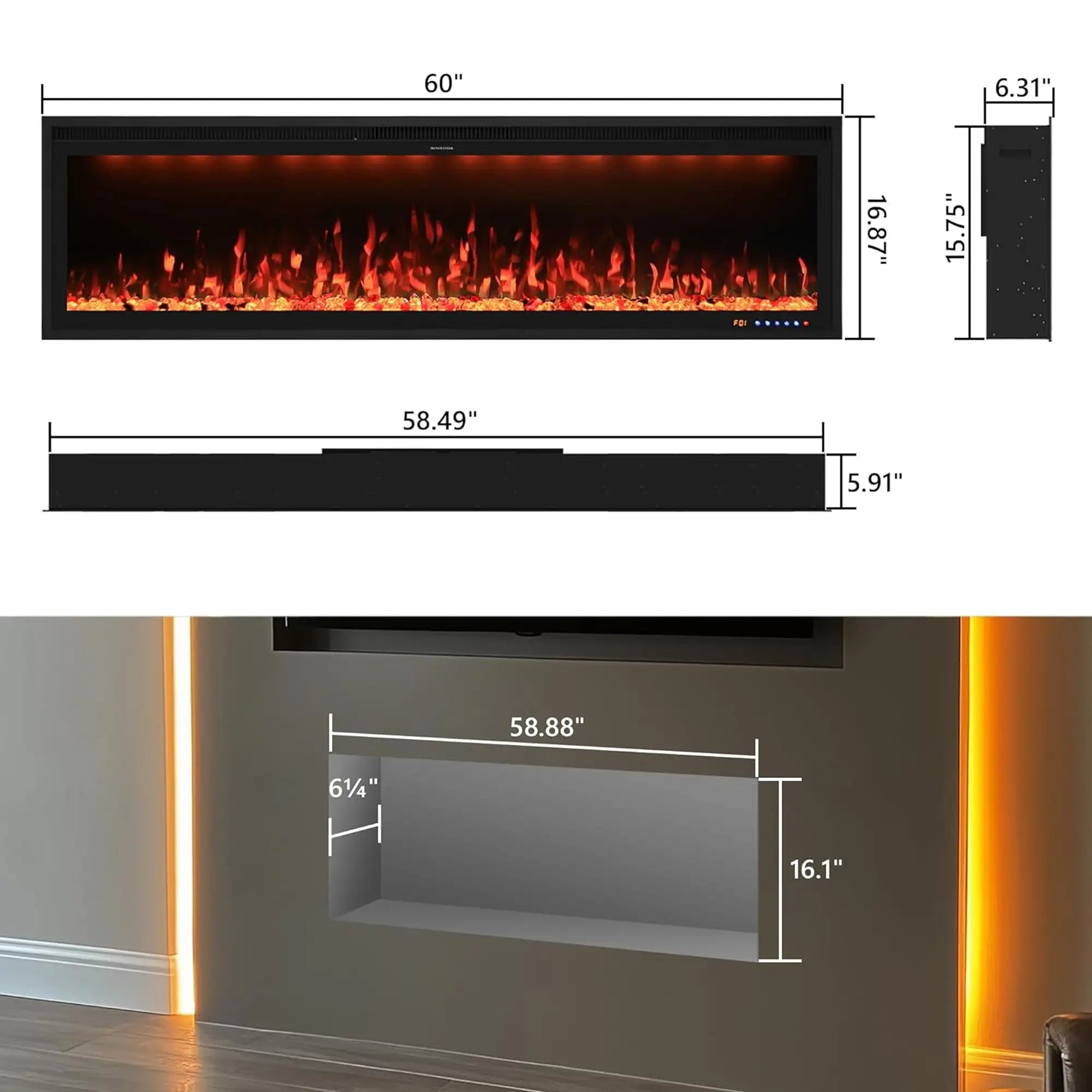 FLZ 60 Inch Recessed/Wall Mounted Smart Electric Fireplace