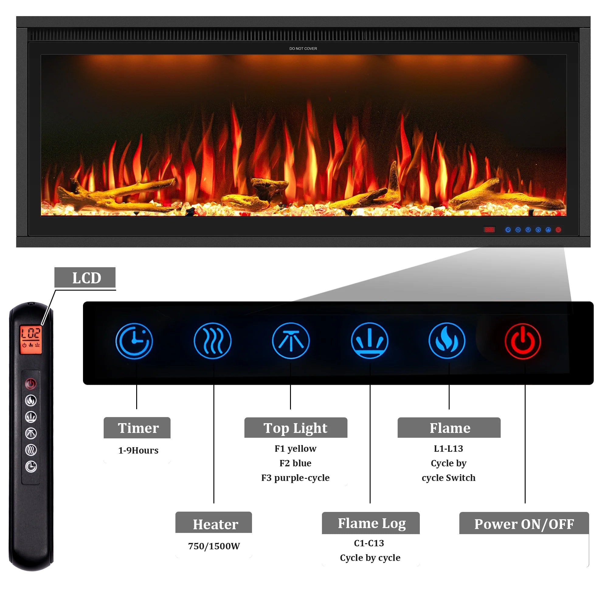 FLZ Smart Electric Fireplace with Adjustable Flame Colors, Recessed&Wall-Mounted