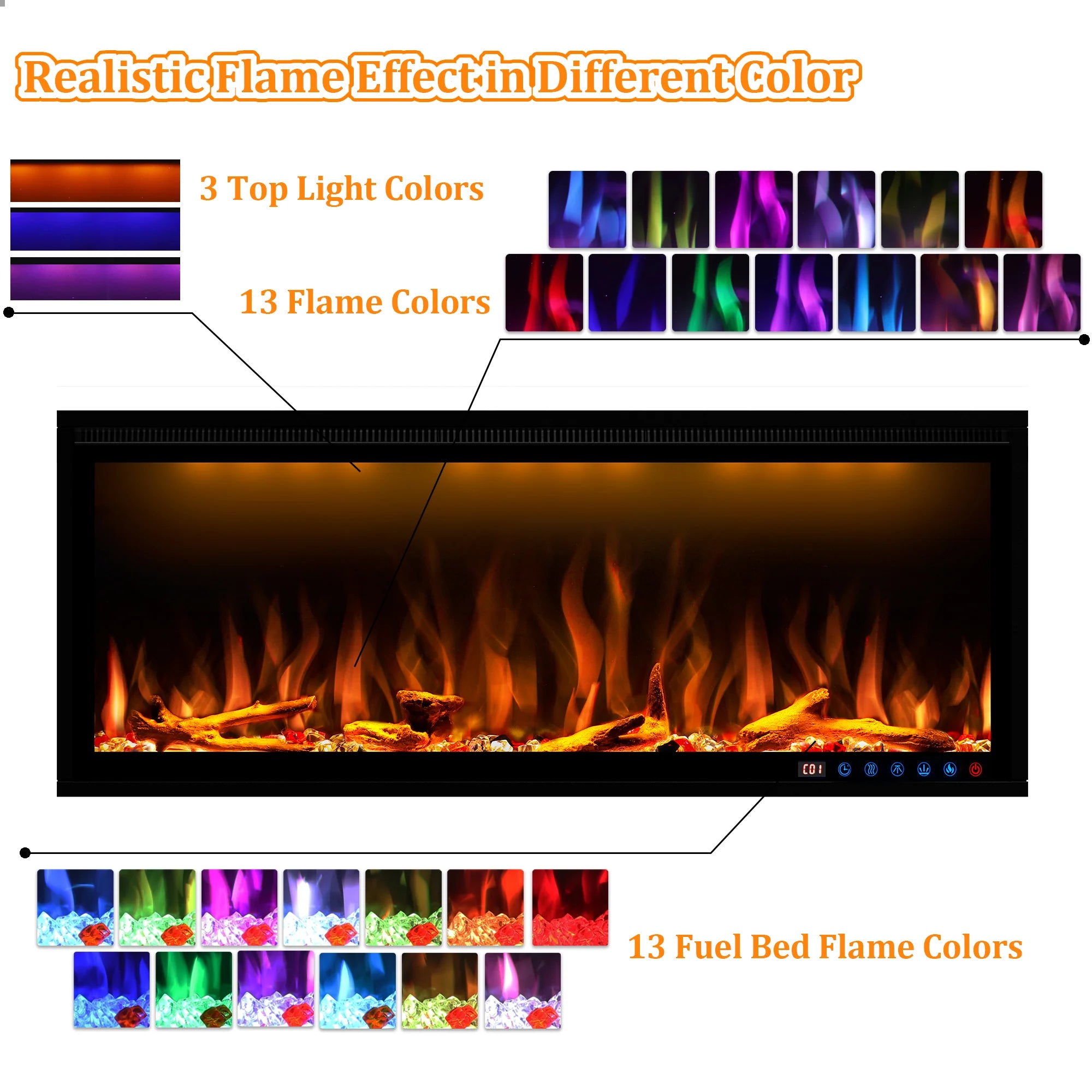 FLZ Smart Electric Fireplace with Adjustable Flame Colors, Recessed&Wall-Mounted