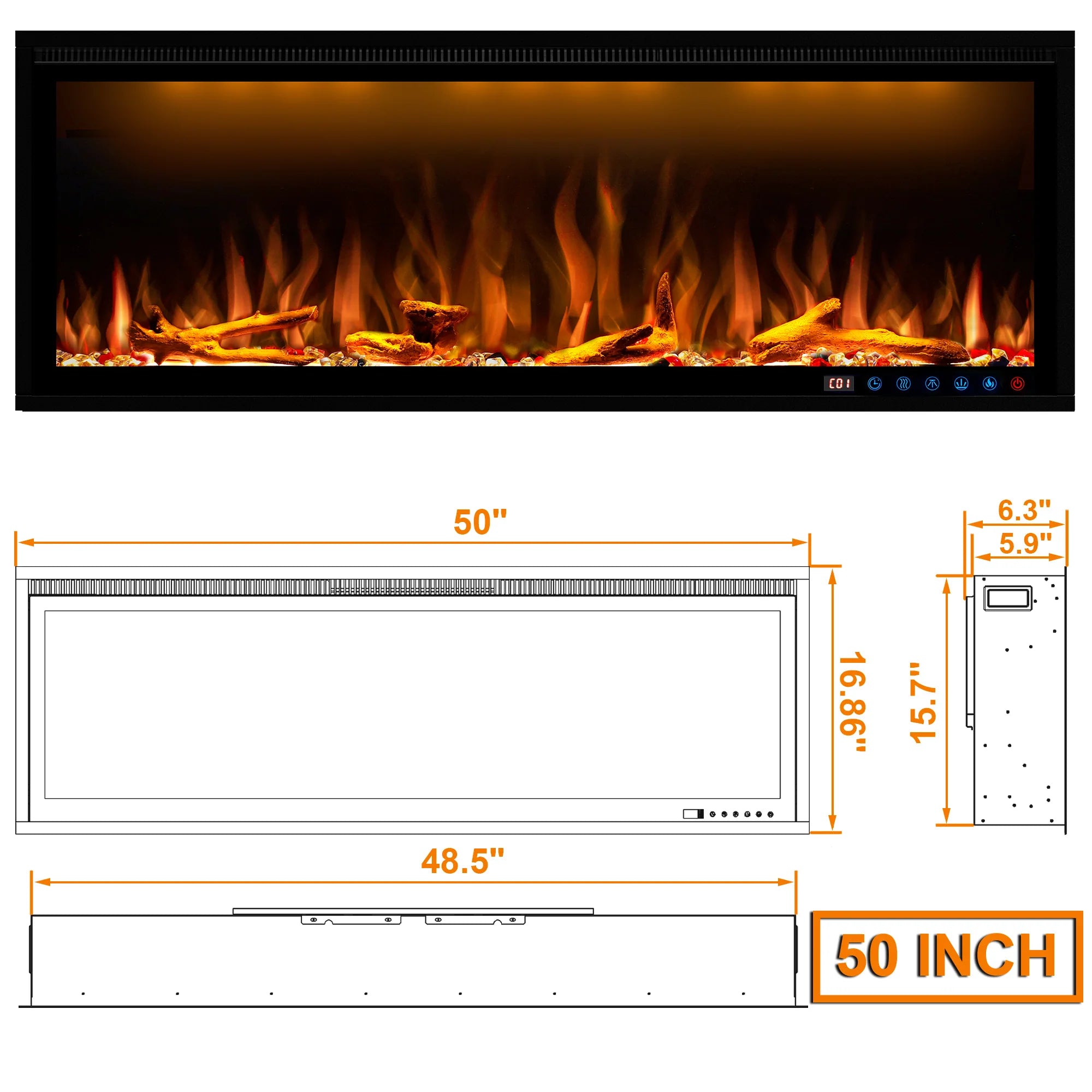 FLZ Smart Electric Fireplace with Adjustable Flame Colors, Recessed&Wall-Mounted