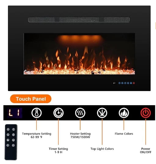 FL-FG Recessed Electric Fireplace Inserts with 3 Flame&Top Light Color