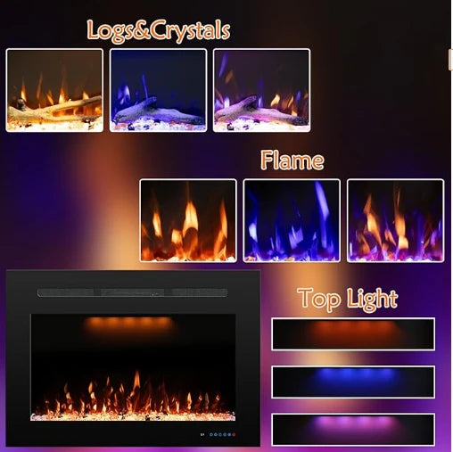 FL-FG Recessed Electric Fireplace Inserts with 3 Flame&Top Light Color