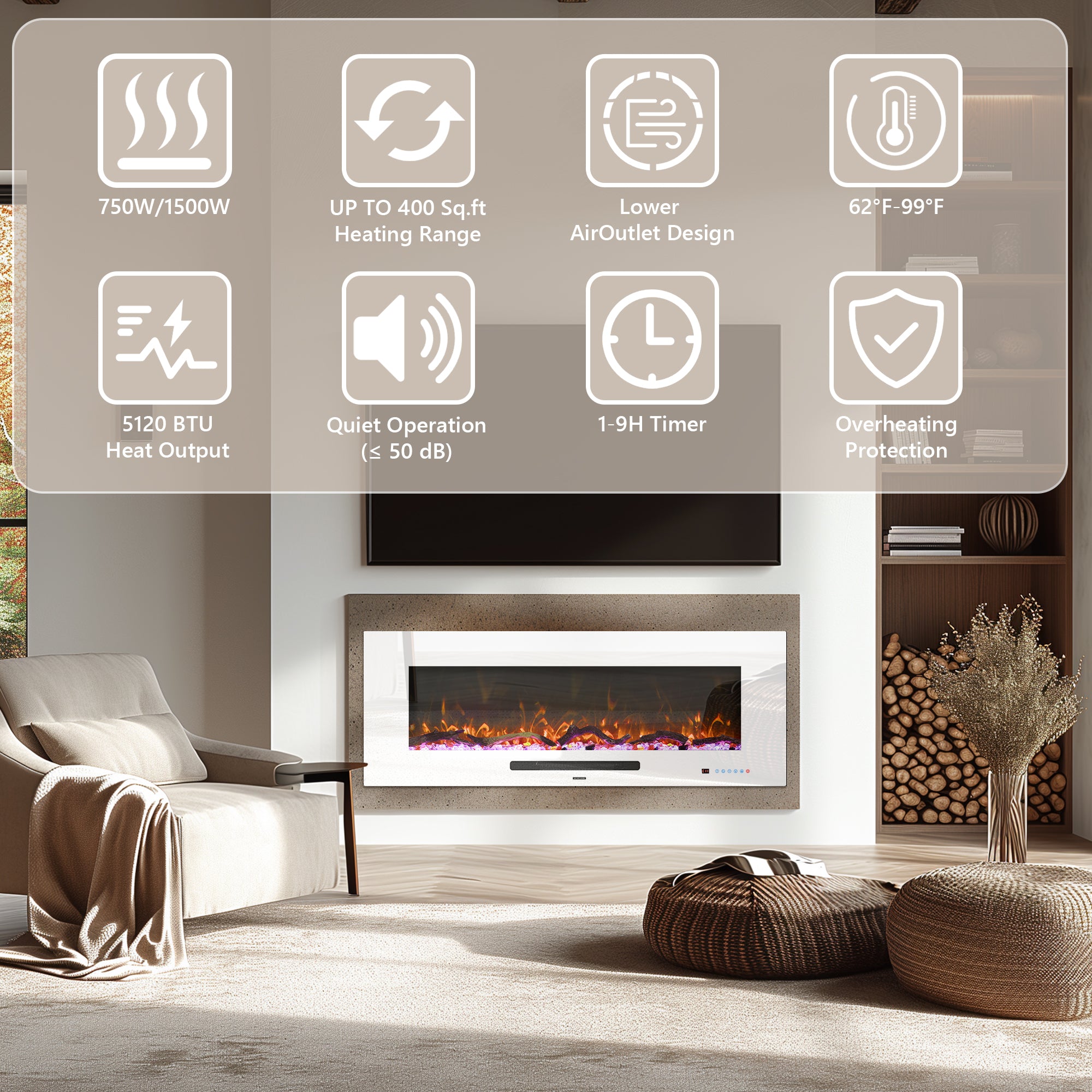 FL-WH 50 Inch Wall Mouted Electric Fireplace with White Front Glass and DIY Log Bed