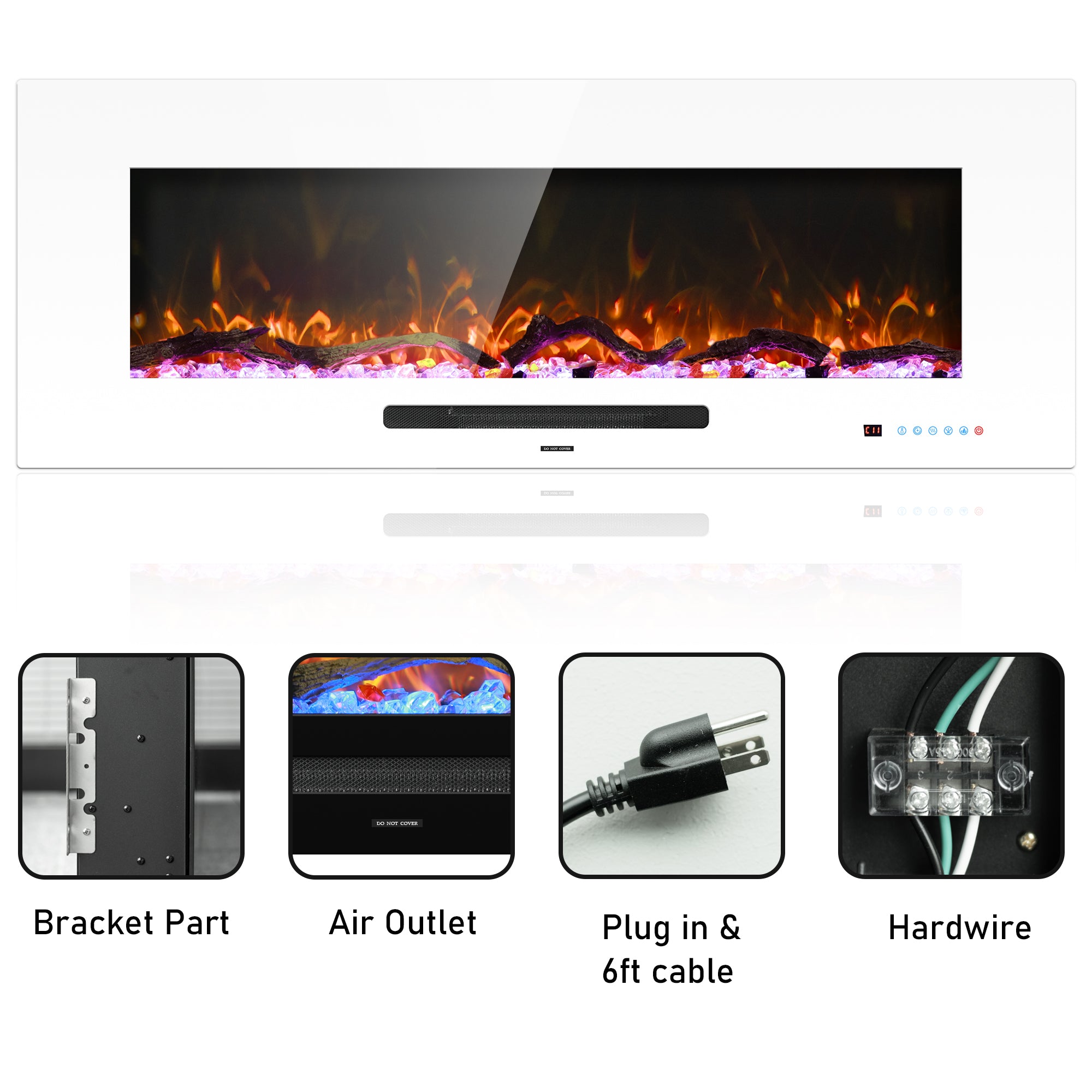 FL-WH 50 Inch Wall Mouted Electric Fireplace with White Front Glass and DIY Log Bed