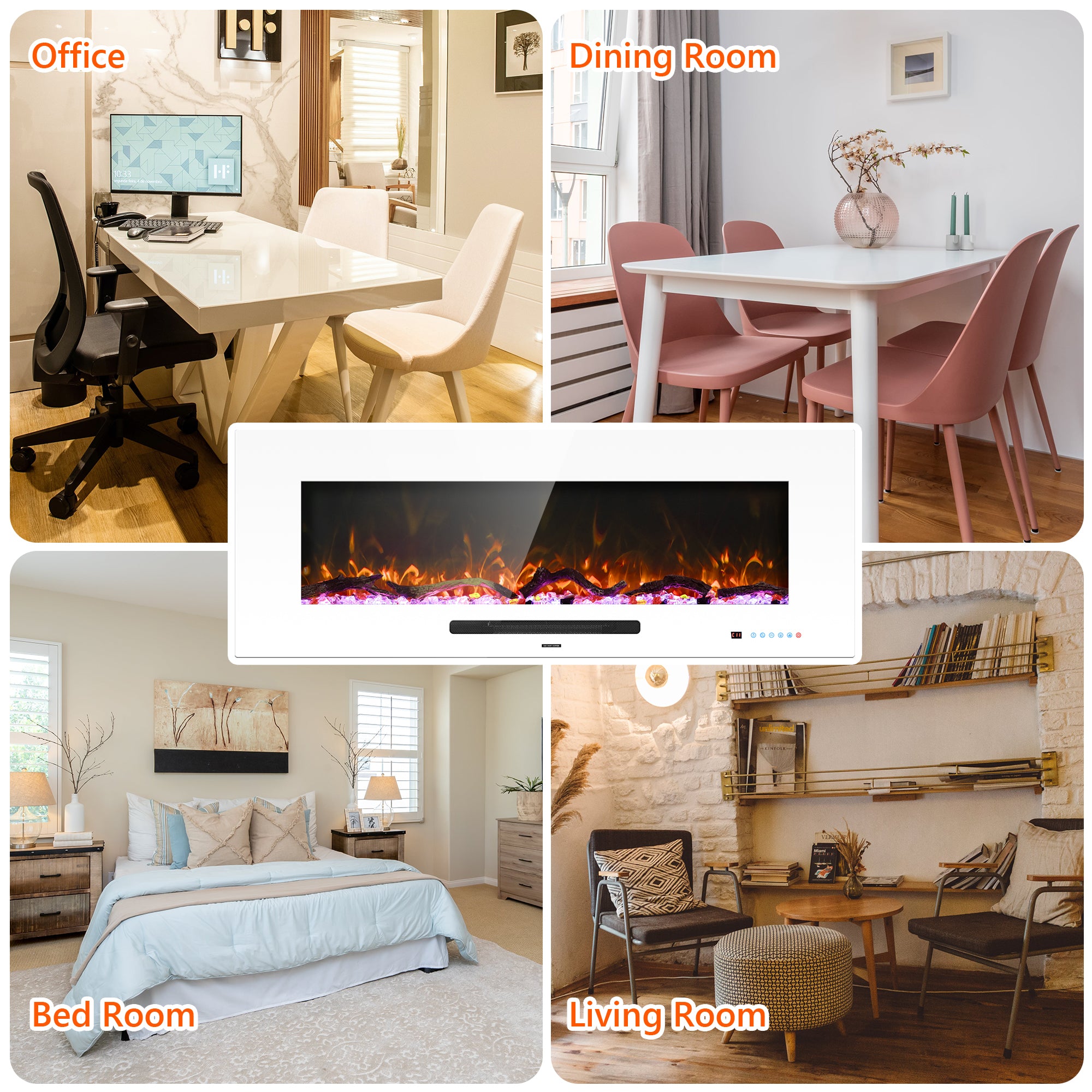 FL-WH 50 Inch Wall Mouted Electric Fireplace with White Front Glass and DIY Log Bed