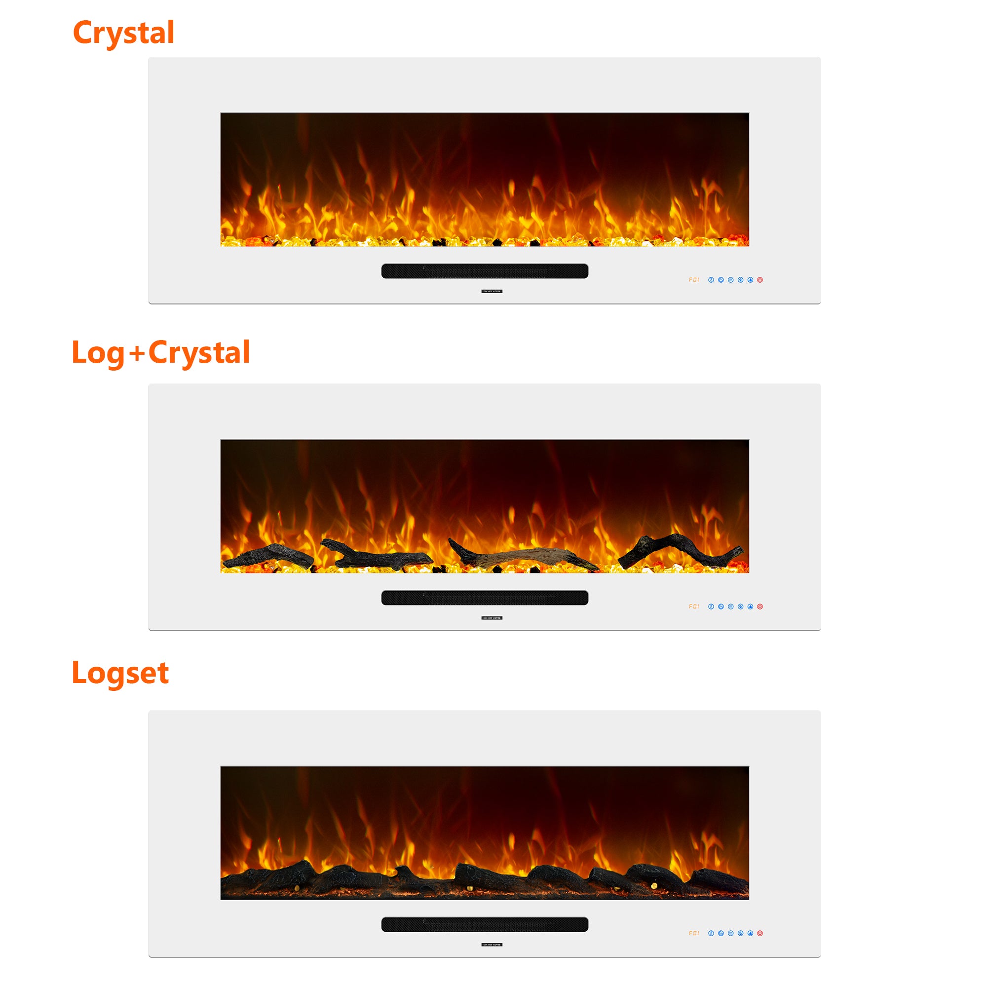 FL-WH 50 Inch Wall Mouted Electric Fireplace with White Front Glass and DIY Log Bed