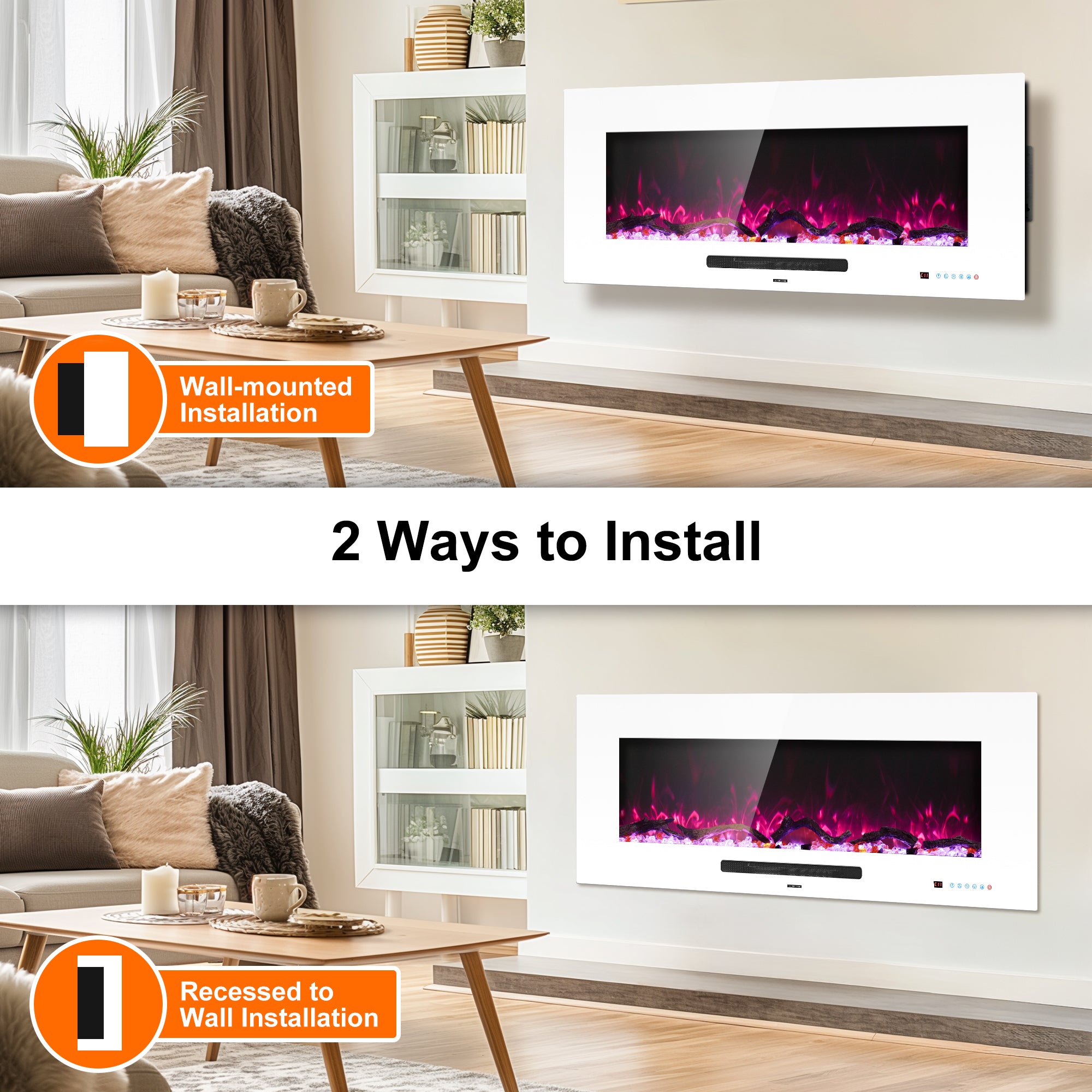 FL-WH 50 Inch Wall Mouted Electric Fireplace with White Front Glass and DIY Log Bed