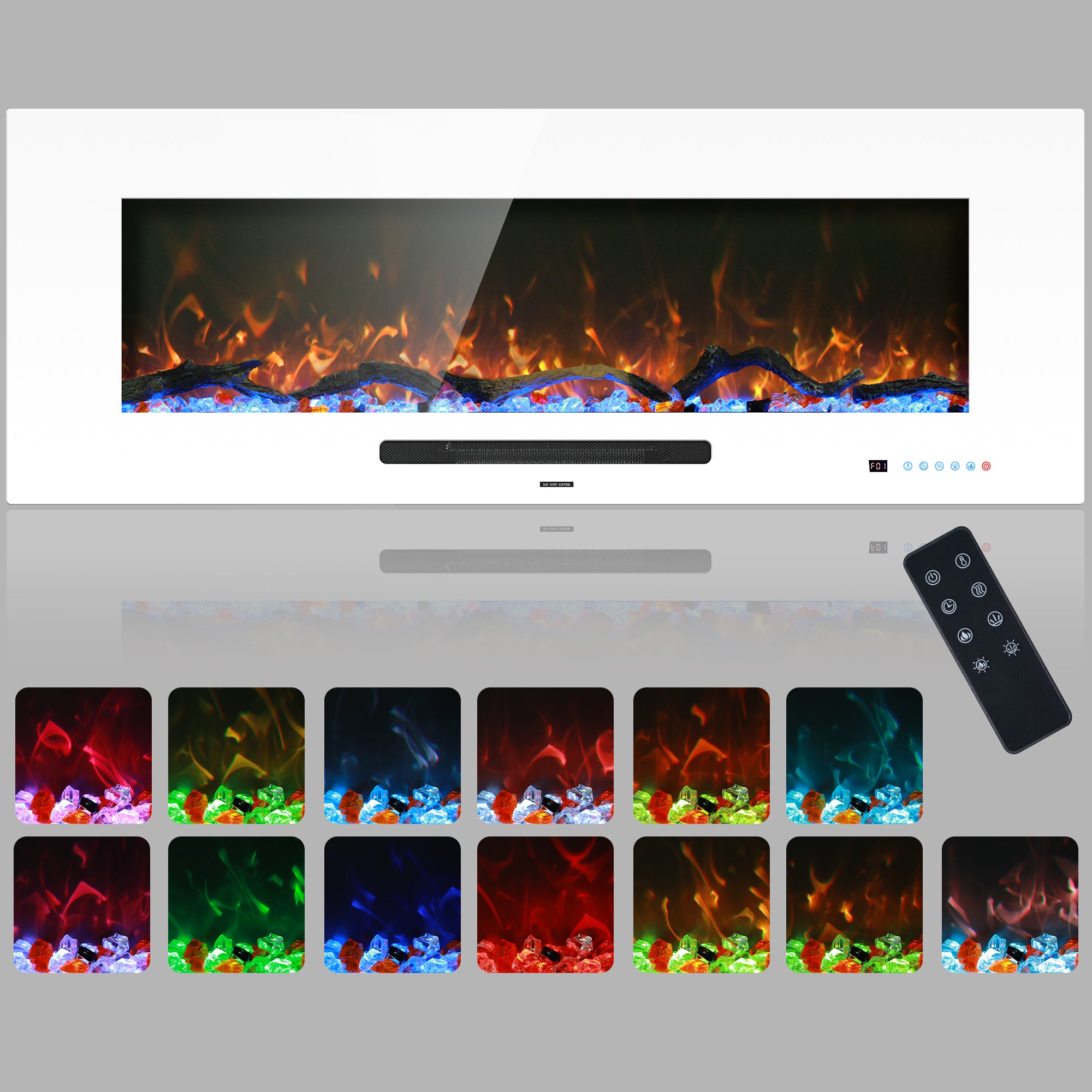 FL-WH 50 Inch Wall Mouted Electric Fireplace with White Front Glass and DIY Log Bed