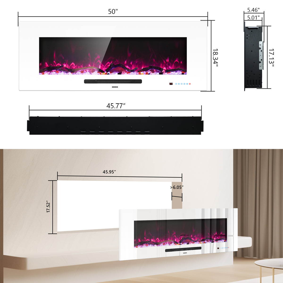 FL-WH 50 Inch Wall Mouted Electric Fireplace with White Front Glass and DIY Log Bed